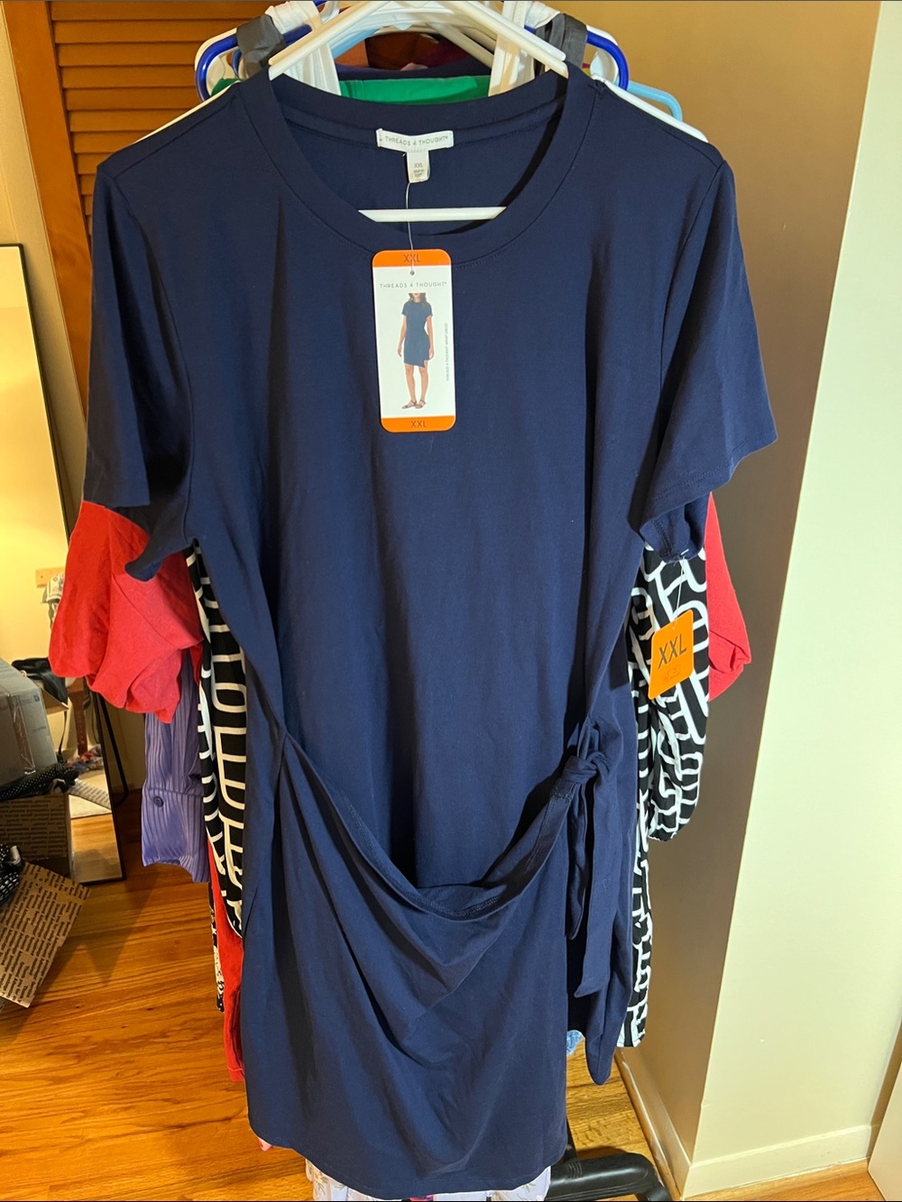 Trendy Navy Tie-Waist Short Sleeve Dress by